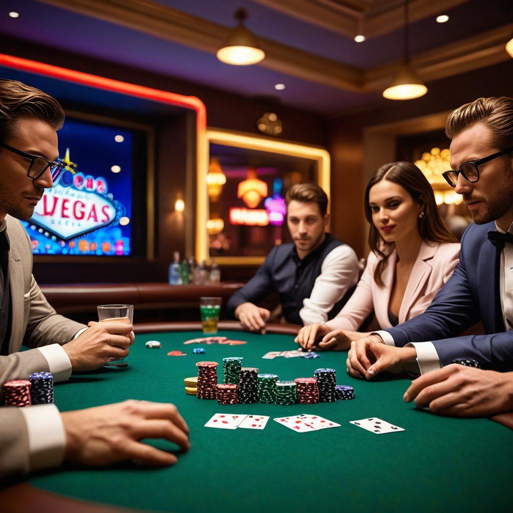 A vibrant poker table scene with five cards spread out, showcasing a mix of strategy and excitement. Include diverse players deeply focused, analyzing their hands, surrounded by chips and drinks. The background features soft lighting to create an intimate atmosphere, emphasizing the thrill of the game. Add a hint of a blurred Vegas skyline in the background for context. super-realistic. vibrant colors. 3D.