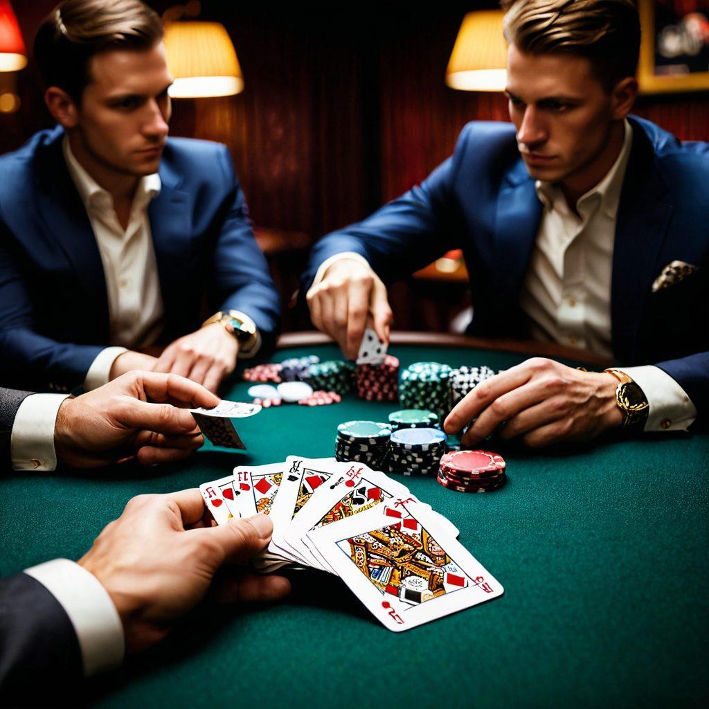 A close-up of a hand holding five playing cards with varying suits and values, focused on the intense concentration of a player in the background. The table is adorned with colorful poker chips and a subtle glow from overhead lights, creating a dramatic atmosphere. The scene suggests strategy and excitement, aiming to capture the essence of high-stakes poker. super-realistic. vibrant colors. dramatic lighting.