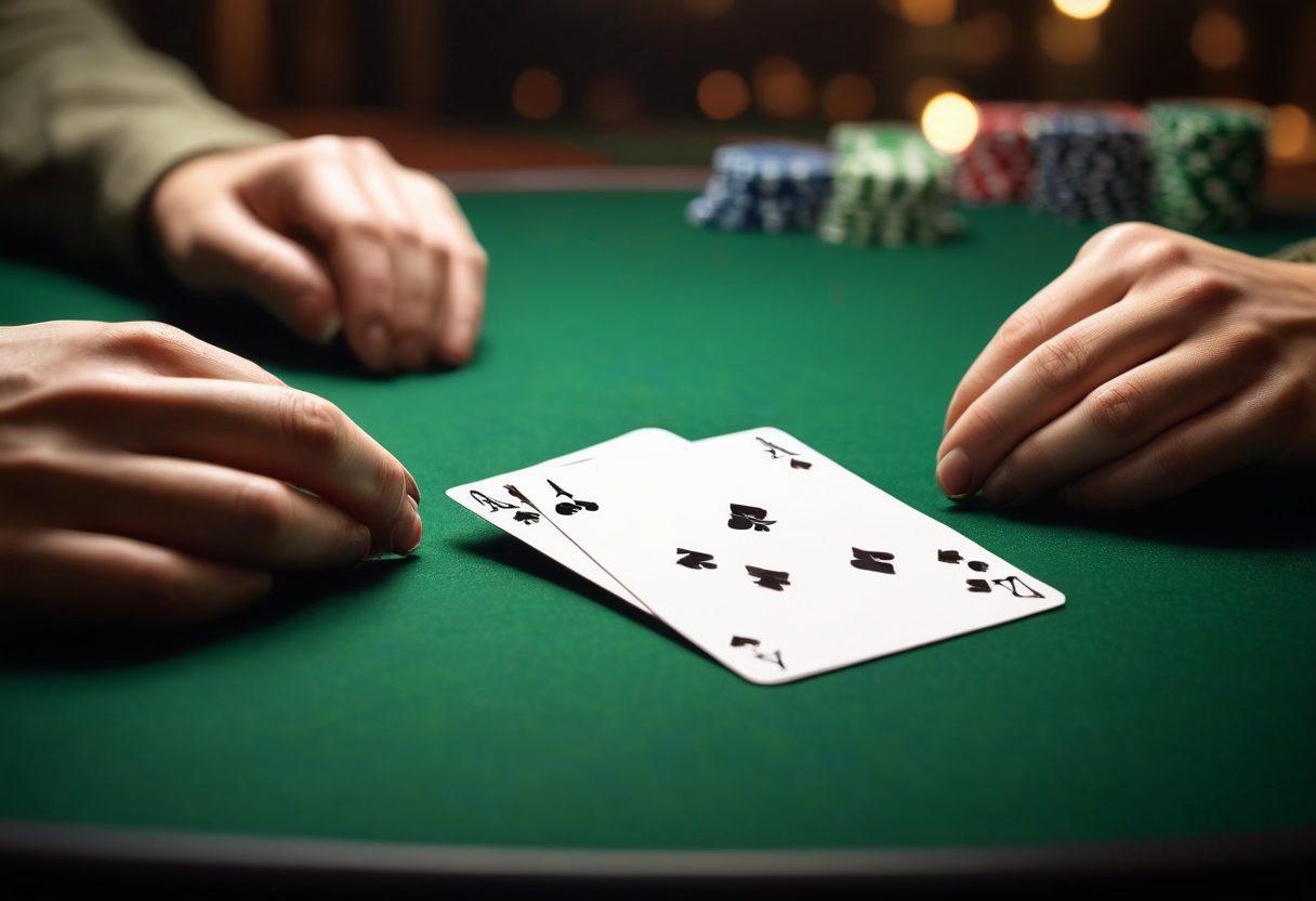 A dramatic close-up of a poker hand showcasing five expertly arranged playing cards representing winning combinations, set on a sleek green poker table. The setting includes glimmering poker chips scattered around, hints of tension and excitement in the air, and a dimly lit background creating an intense atmosphere. Glances of focused players can be seen in the blurred background. super-realistic. vibrant colors. cinematic lighting.
